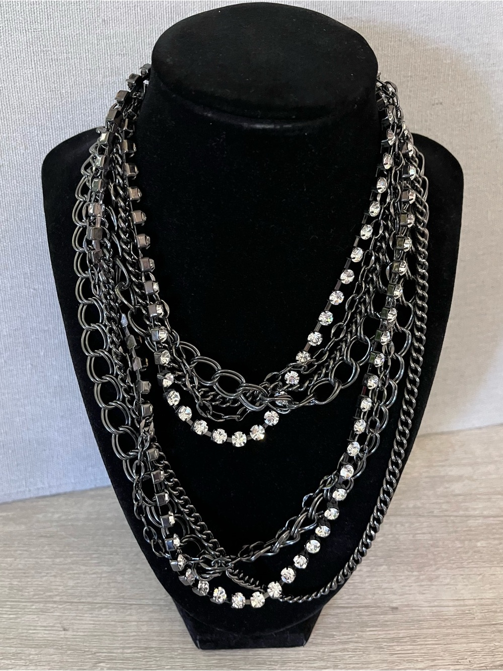 Vintage Lia Sophia Alloy Multi-Strand Black Crystal Chain Necklace